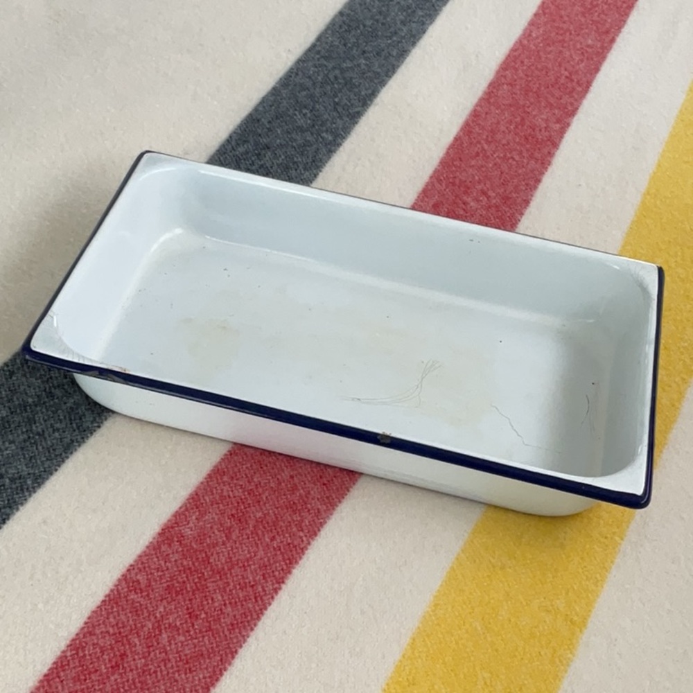 Vintage Enamel White and Blue Pan or Tray
